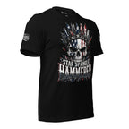 Star Spangle Hammered front print graphic on black tee featuring an American flag skull with bottle cap crown and distressed patriotic design