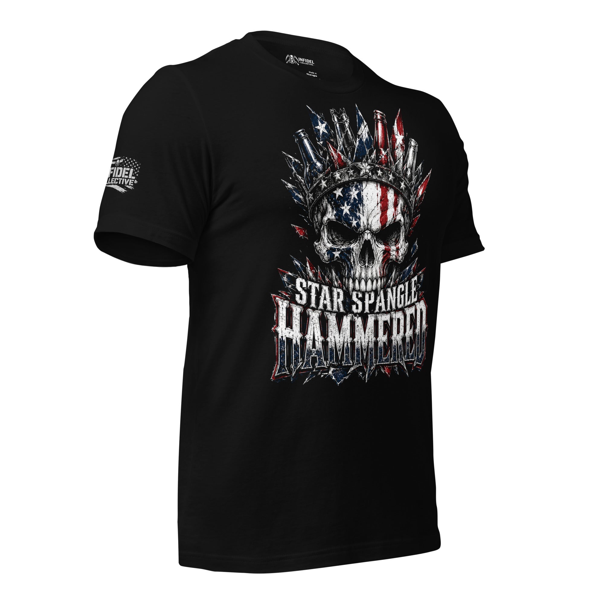 Star Spangle Hammered front print graphic on black tee featuring an American flag skull with bottle cap crown and distressed patriotic design