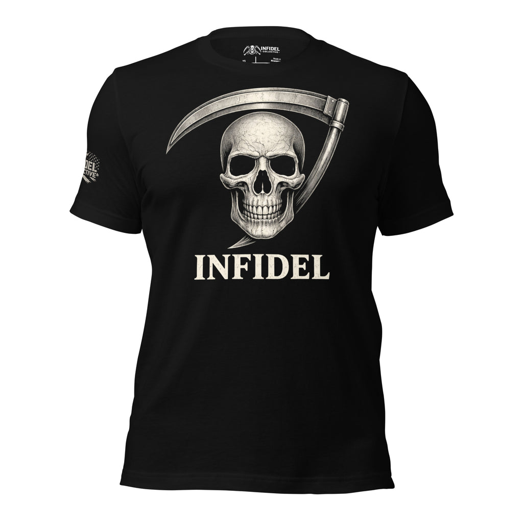 Black t-shirt featuring a skull and steel scythe graphic with Infidel text