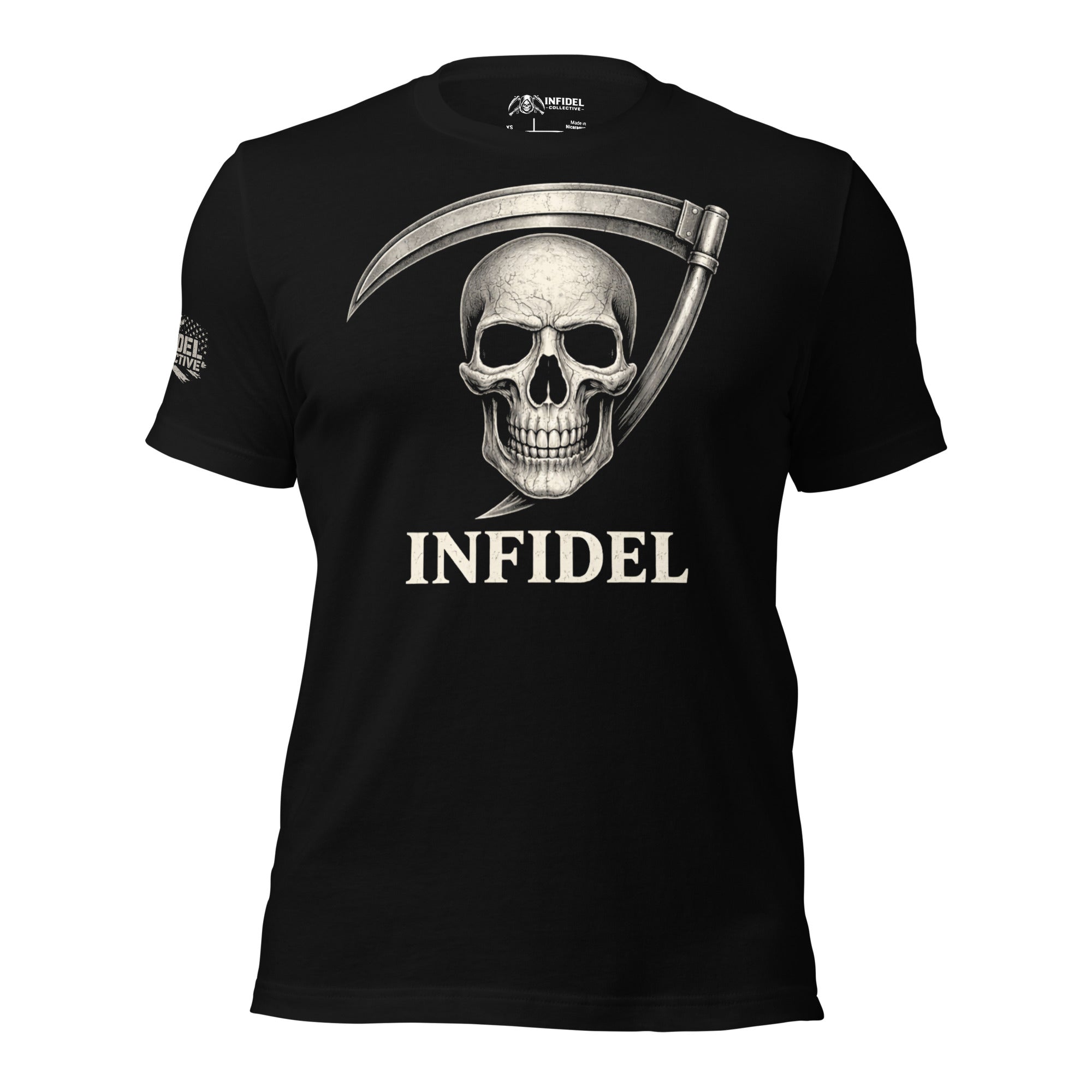 Black t-shirt featuring a skull and steel scythe graphic with Infidel text