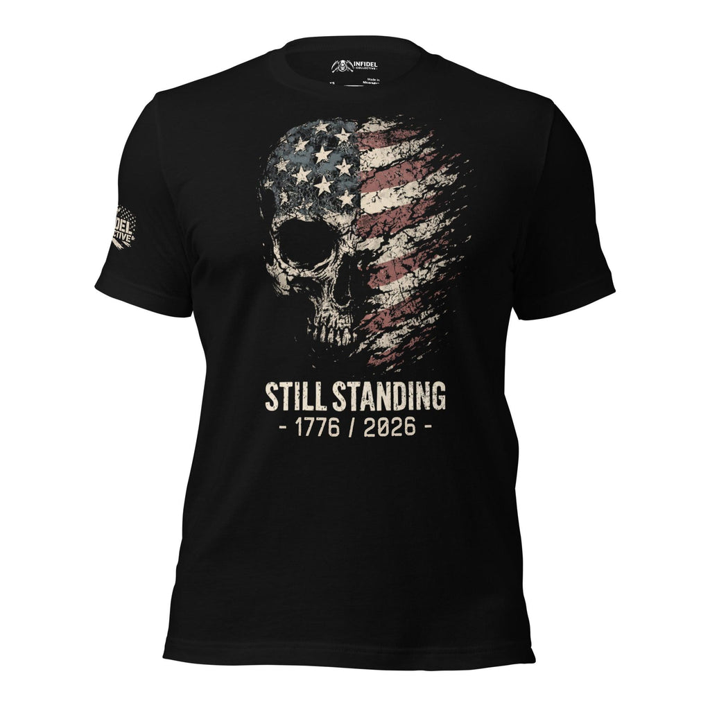 Still Standing 1776 2026 skull American flag front print black tee from Infidel Collective