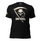Black tee featuring a grim reaper skull with scythe graphic and Infidel text front print