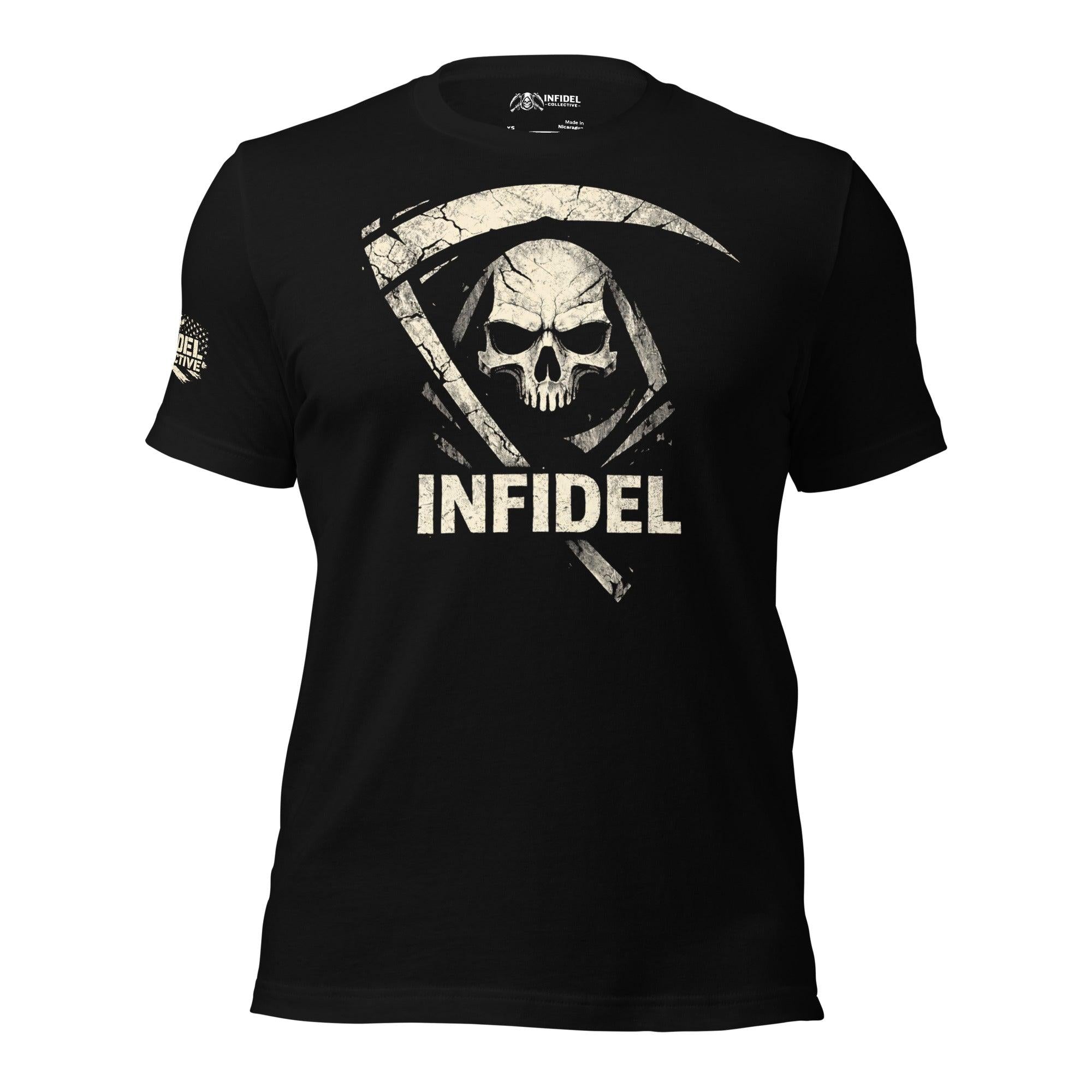 Black tee featuring a grim reaper skull with scythe graphic and Infidel text front print