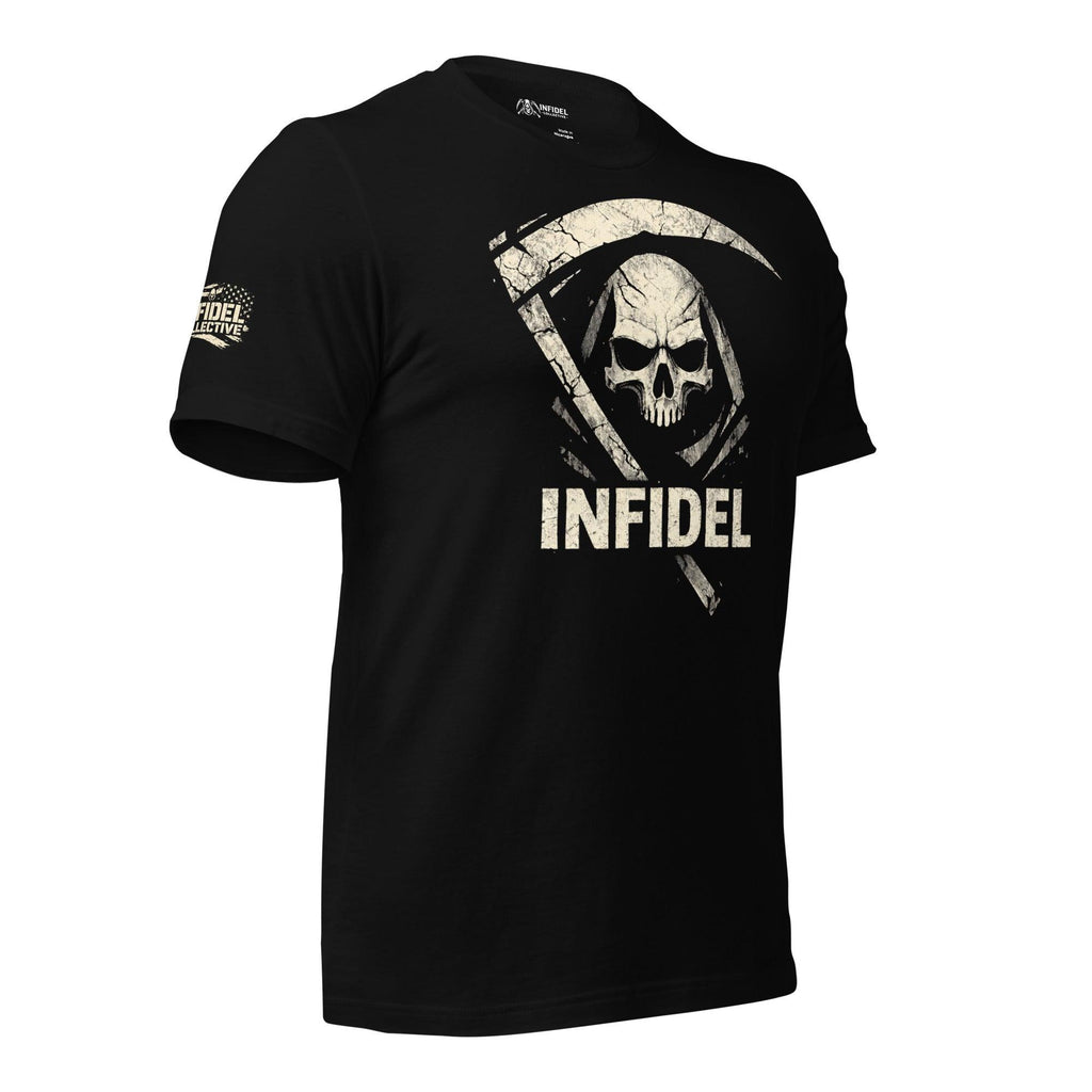Black tee featuring a grim reaper skull with scythe graphic and Infidel text front print