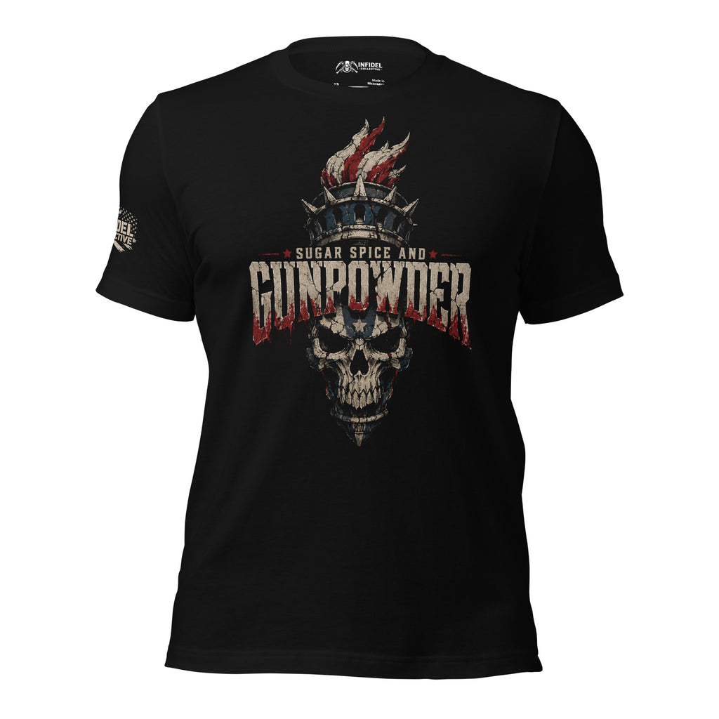Sugar Spice and Gunpowder liberty skull with torch crown front print black tee
