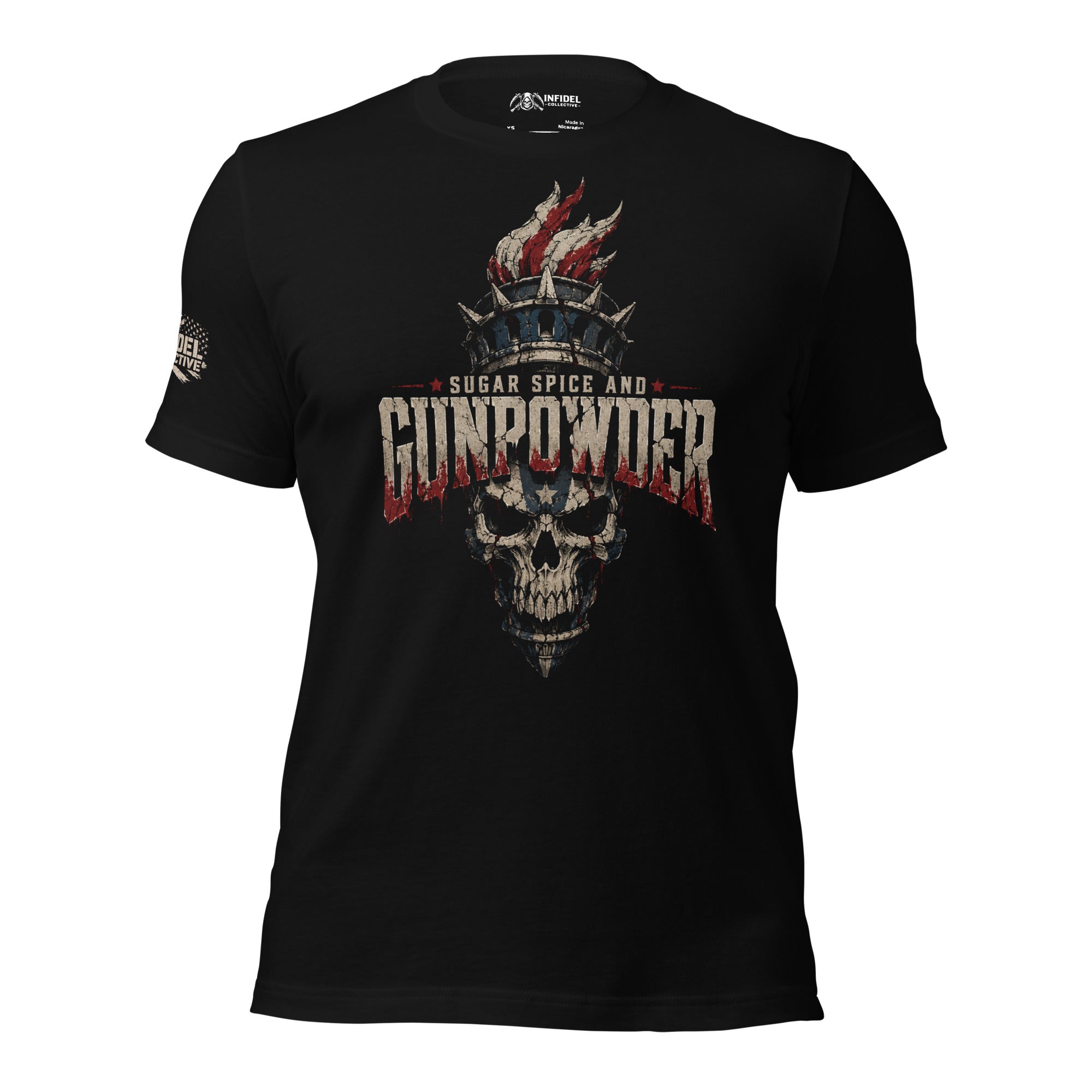 Sugar Spice and Gunpowder liberty skull with torch crown front print black tee