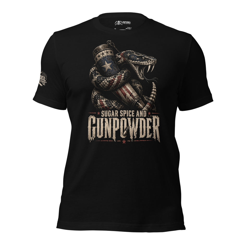 Sugar Spice and Gunpowder rattlesnake wrapped around patriotic shotgun shell front print black tee