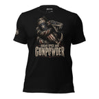 Sugar Spice and Gunpowder rattlesnake wrapped around patriotic shotgun shell front print black tee
