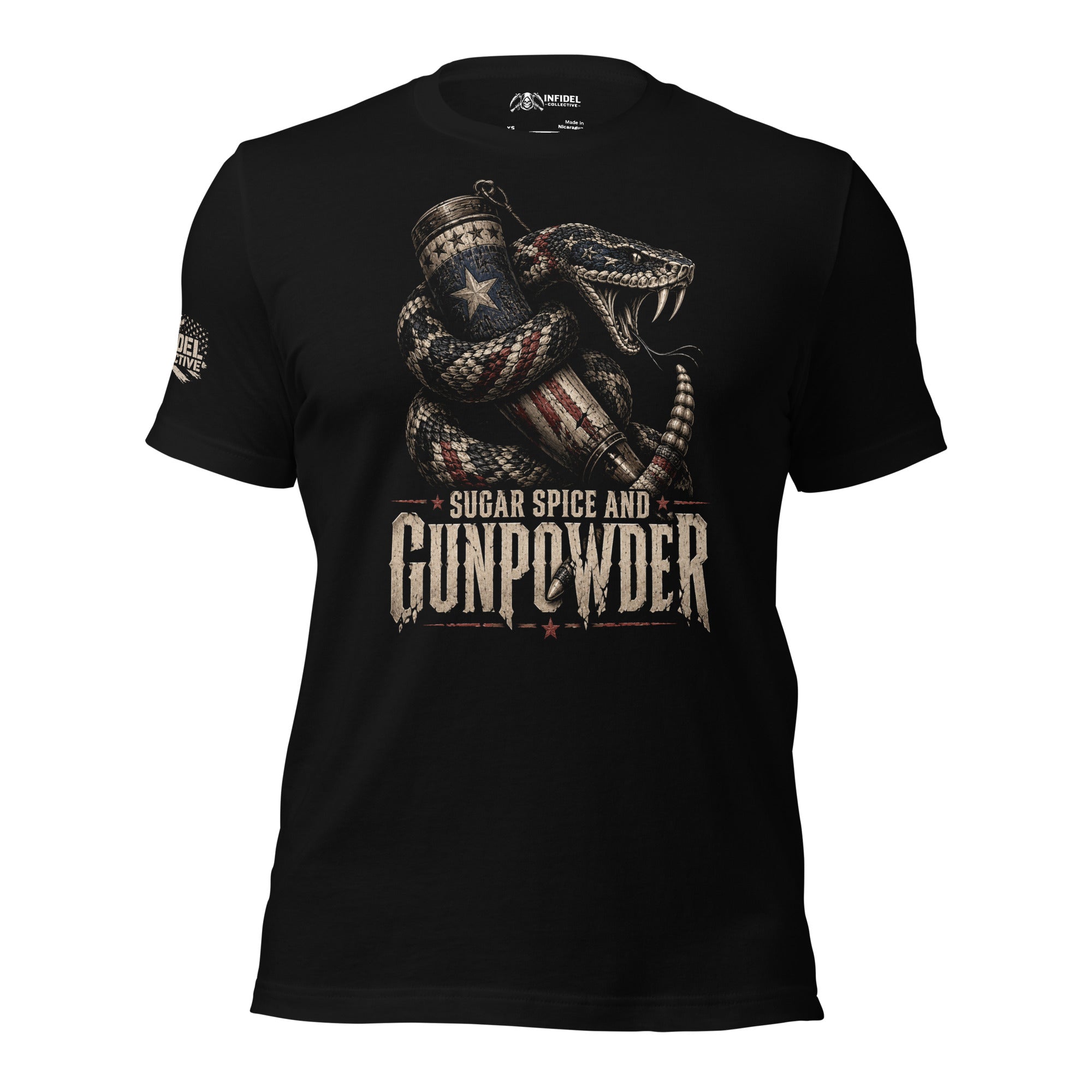 Sugar Spice and Gunpowder rattlesnake wrapped around patriotic shotgun shell front print black tee