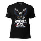 Black t-shirt featuring a diving bald eagle with outstretched wings and extended talons above bold America CCL lettering accented in red, white, and blue