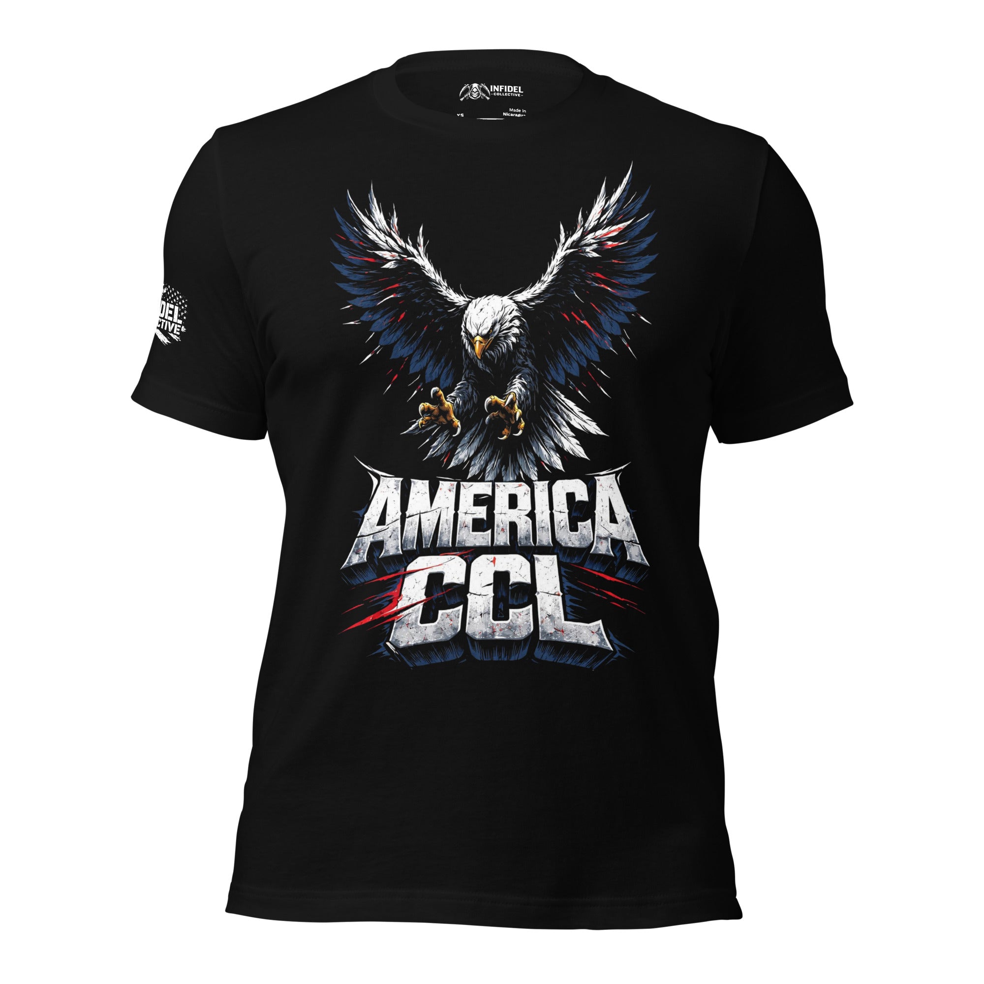 Black t-shirt featuring a diving bald eagle with outstretched wings and extended talons above bold America CCL lettering accented in red, white, and blue