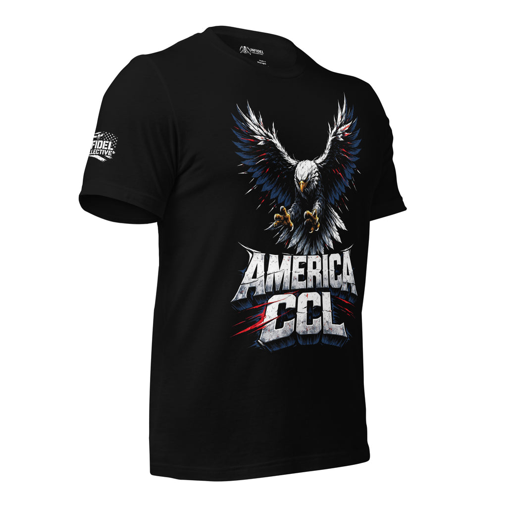 Black t-shirt featuring a diving bald eagle with outstretched wings and extended talons above bold America CCL lettering accented in red, white, and blue