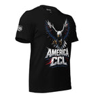 Black t-shirt featuring a diving bald eagle with outstretched wings and extended talons above bold America CCL lettering accented in red, white, and blue
