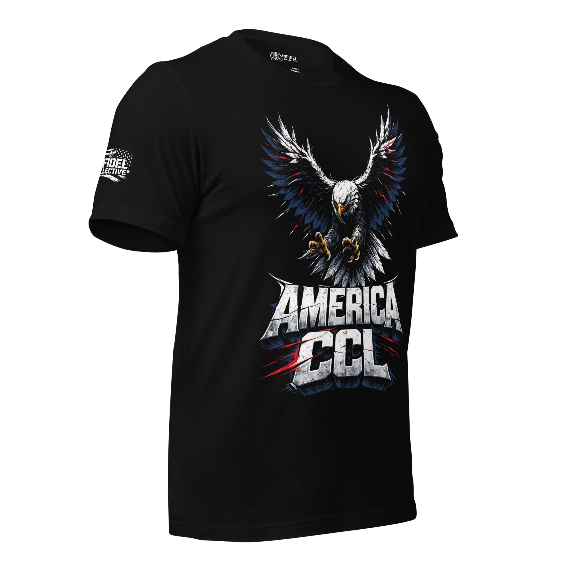 Black t-shirt featuring a diving bald eagle with outstretched wings and extended talons above bold America CCL lettering accented in red, white, and blue