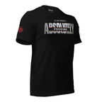 Black tee with The Best Answer Is Absolutely Fucking front print in distressed white and red lettering