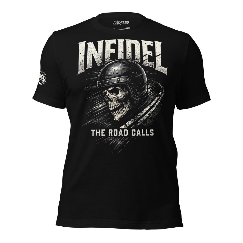 The Road Calls Infidel biker skull graphic black tee from Infidel Collective