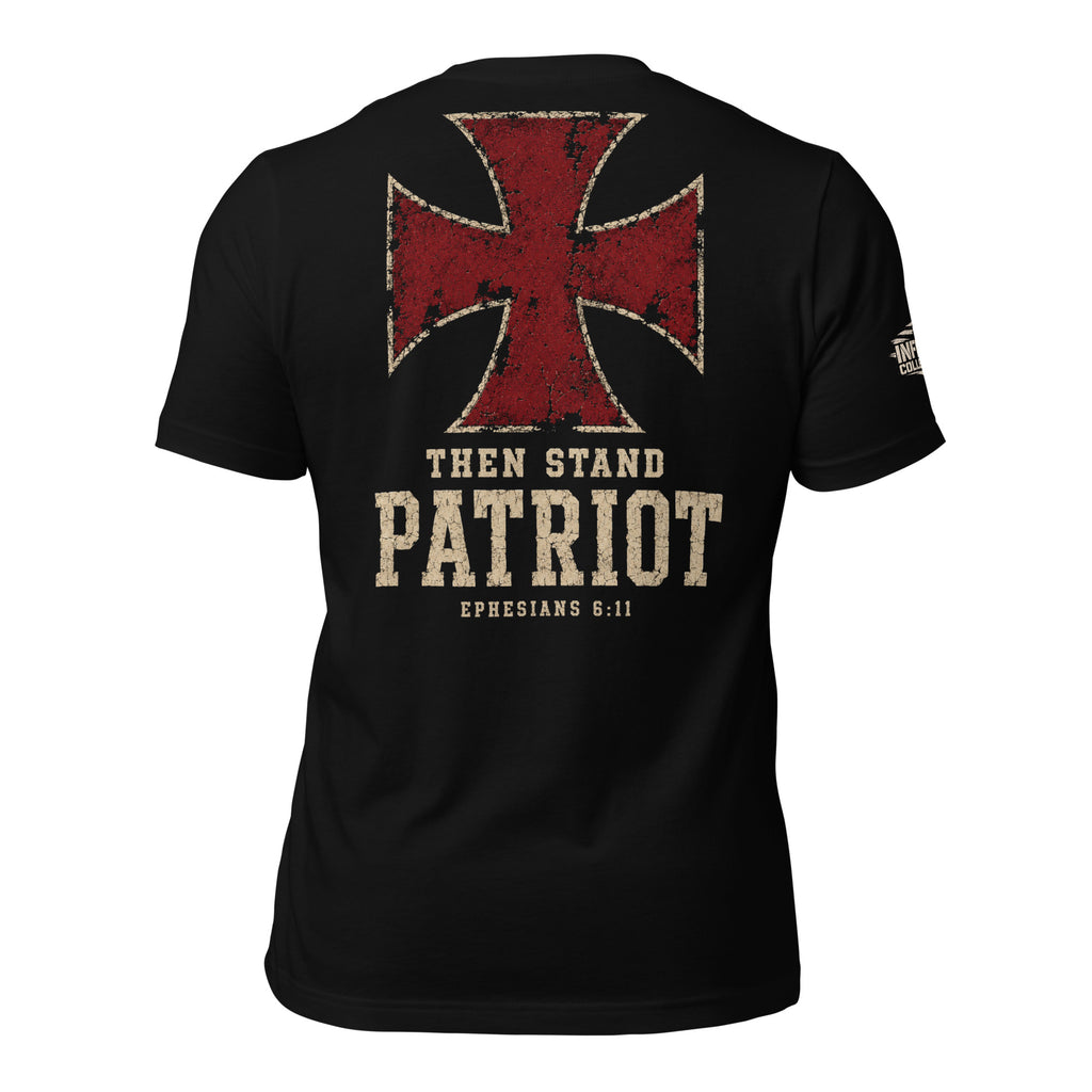 Then Stand Patriot Ephesians 6:11 red cross graphic black tee from Infidel Collective
