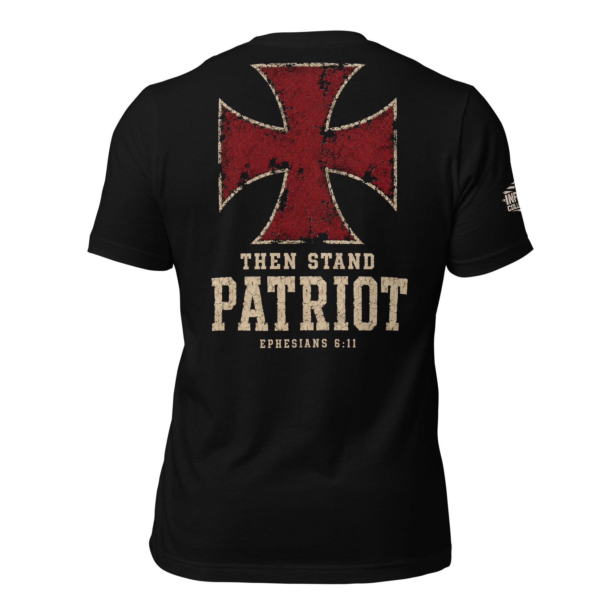 Then Stand Patriot Ephesians 6:11 red cross graphic black tee from Infidel Collective