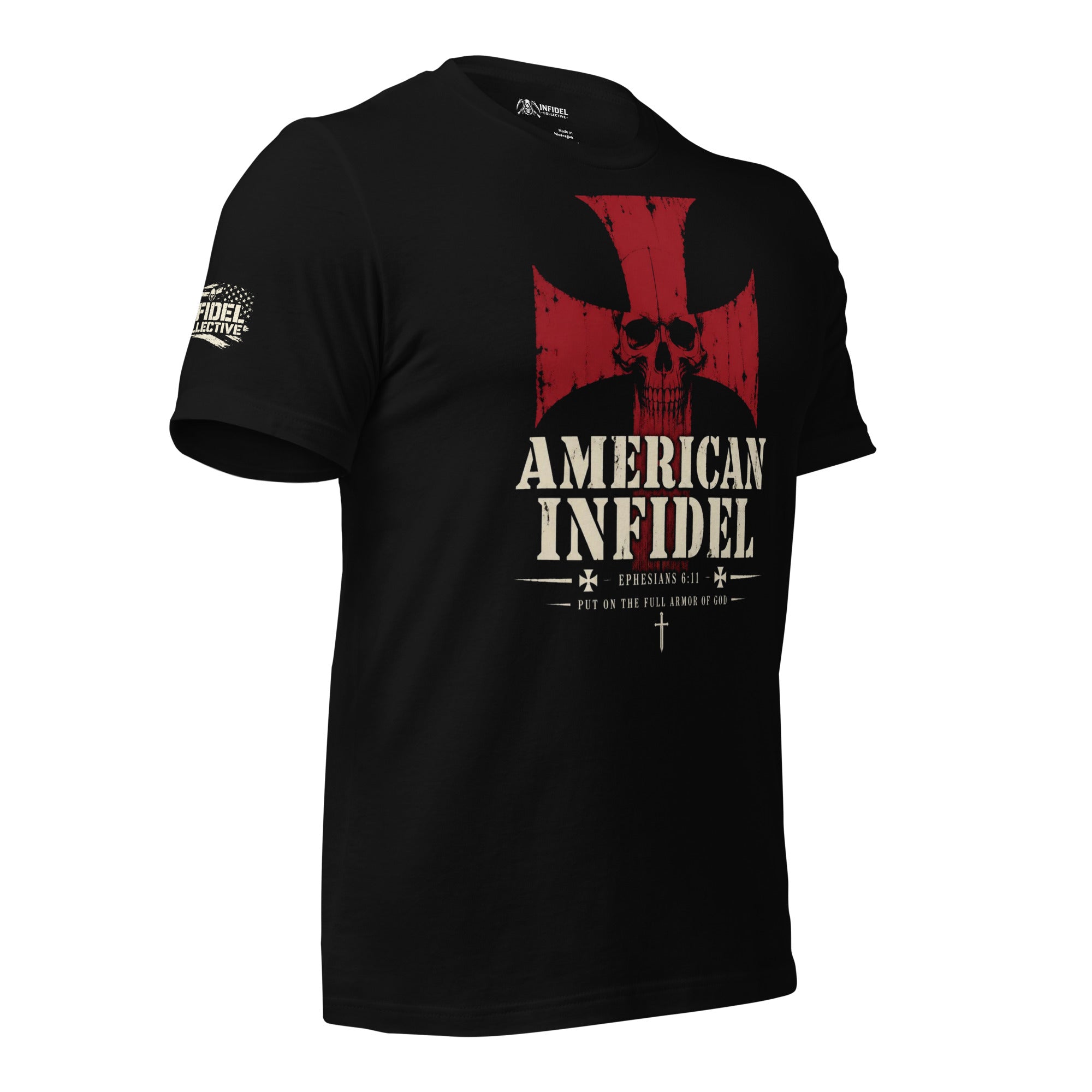 Then Stand patriotic Christian black tee with red cross skull graphic and American Infidel text