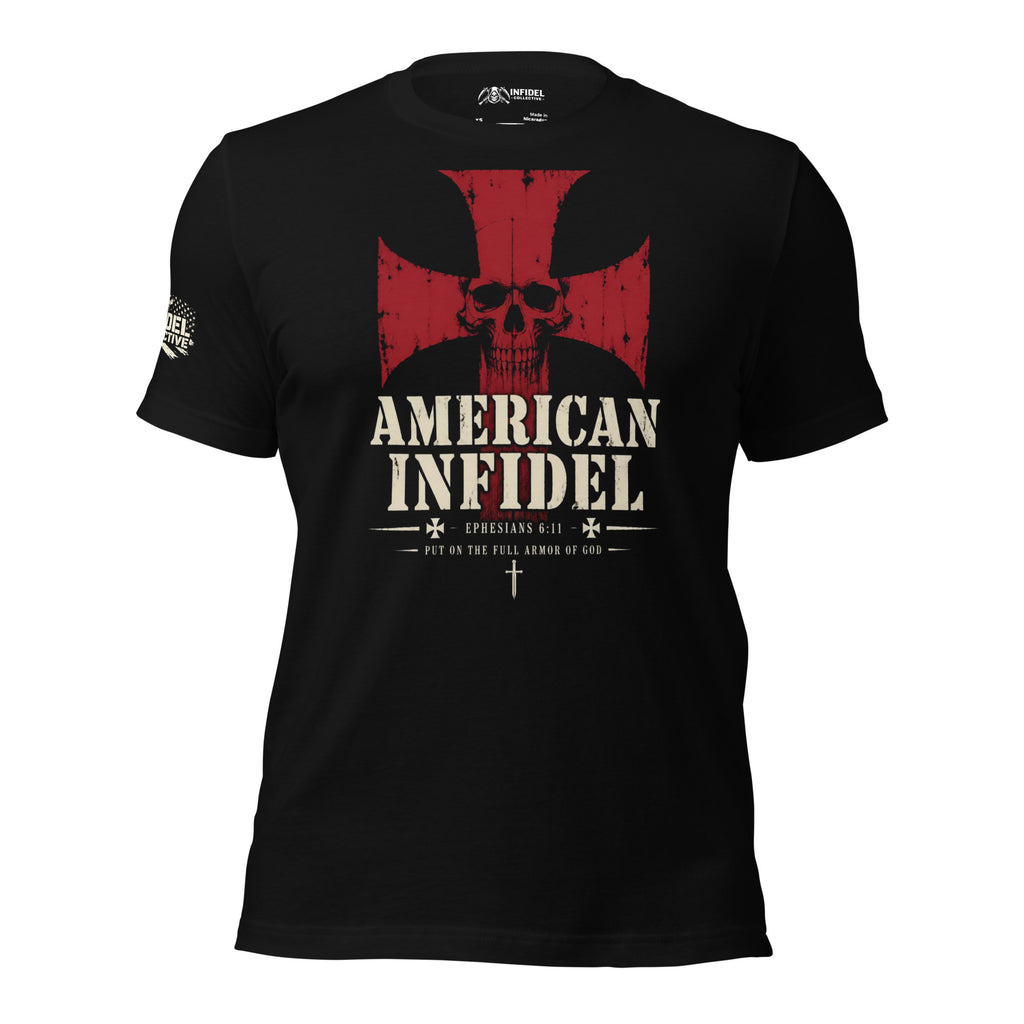 Then Stand patriotic Christian black tee with red cross skull graphic and American Infidel text