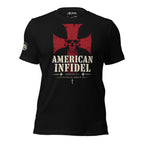 Then Stand patriotic Christian black tee with red cross skull graphic and American Infidel text