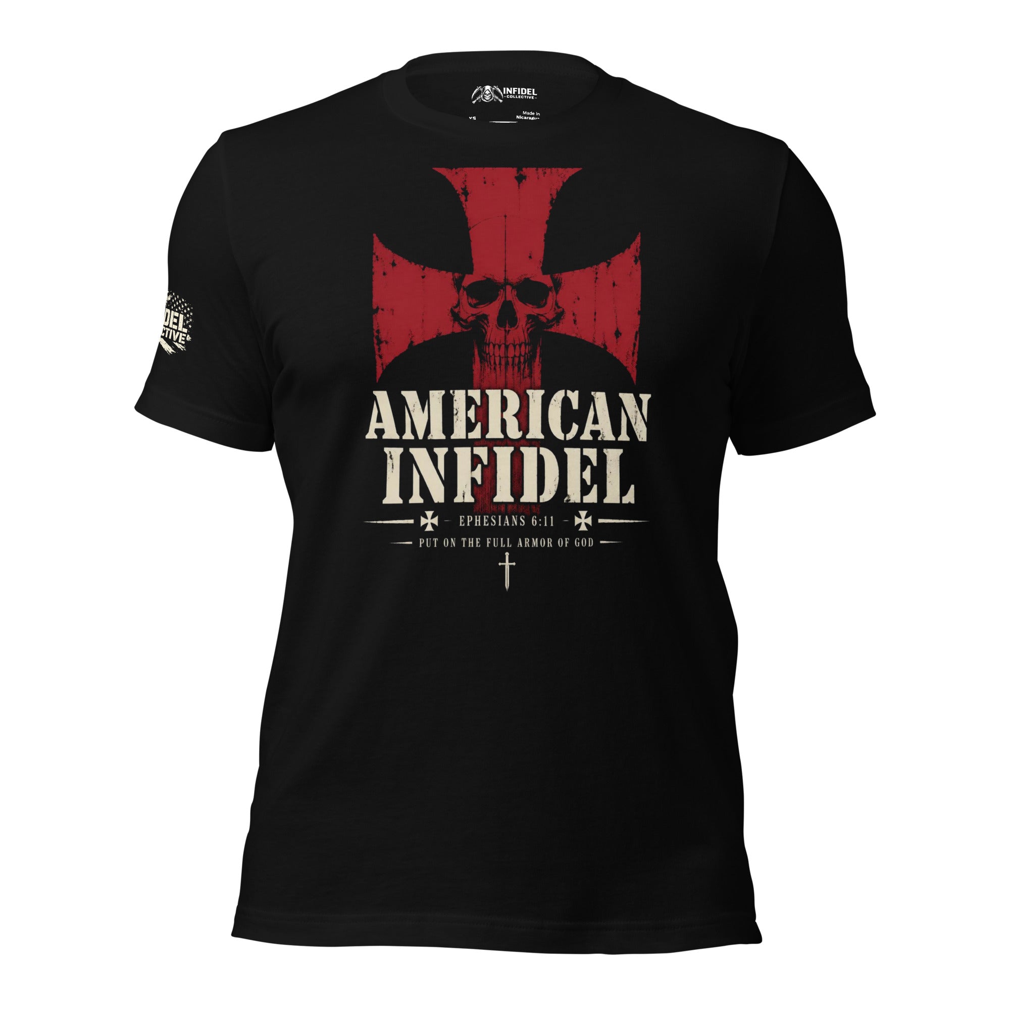 Then Stand patriotic Christian black tee with red cross skull graphic and American Infidel text