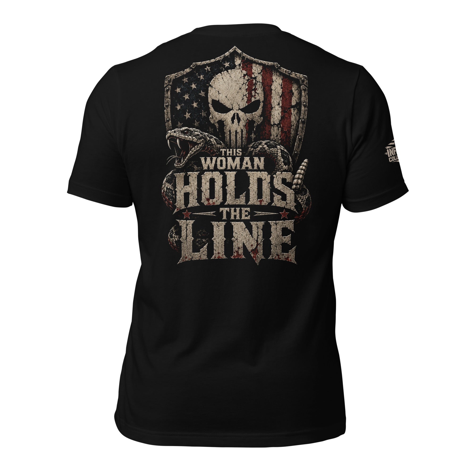 Black tee with back print featuring a rattlesnake, distressed American flag shield with skull graphic, and the text This Woman Holds the Line