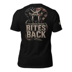 This Woman's Freedom Bites Back back print graphic on black tee featuring a patriotic rattlesnake with American flag pattern and distressed lettering