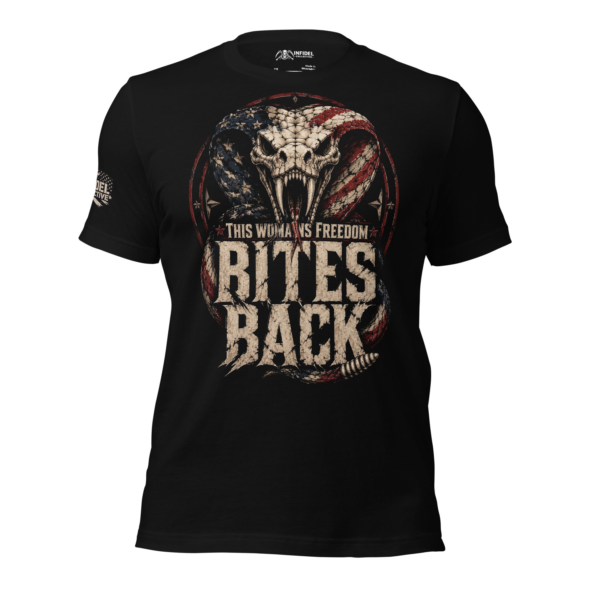 This Woman's Freedom Bites Back front print graphic on black tee featuring a patriotic rattlesnake with American flag pattern and distressed lettering