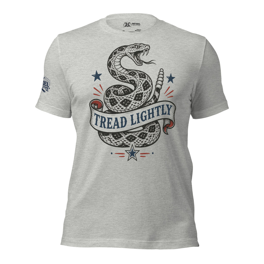 Athletic heather tee with front print of a coiled rattlesnake, patriotic stars, and a banner reading Tread Lightly