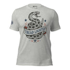 Athletic heather tee with front print of a coiled rattlesnake, patriotic stars, and a banner reading Tread Lightly