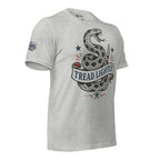 Athletic heather tee with front print of a coiled rattlesnake, patriotic stars, and a banner reading Tread Lightly