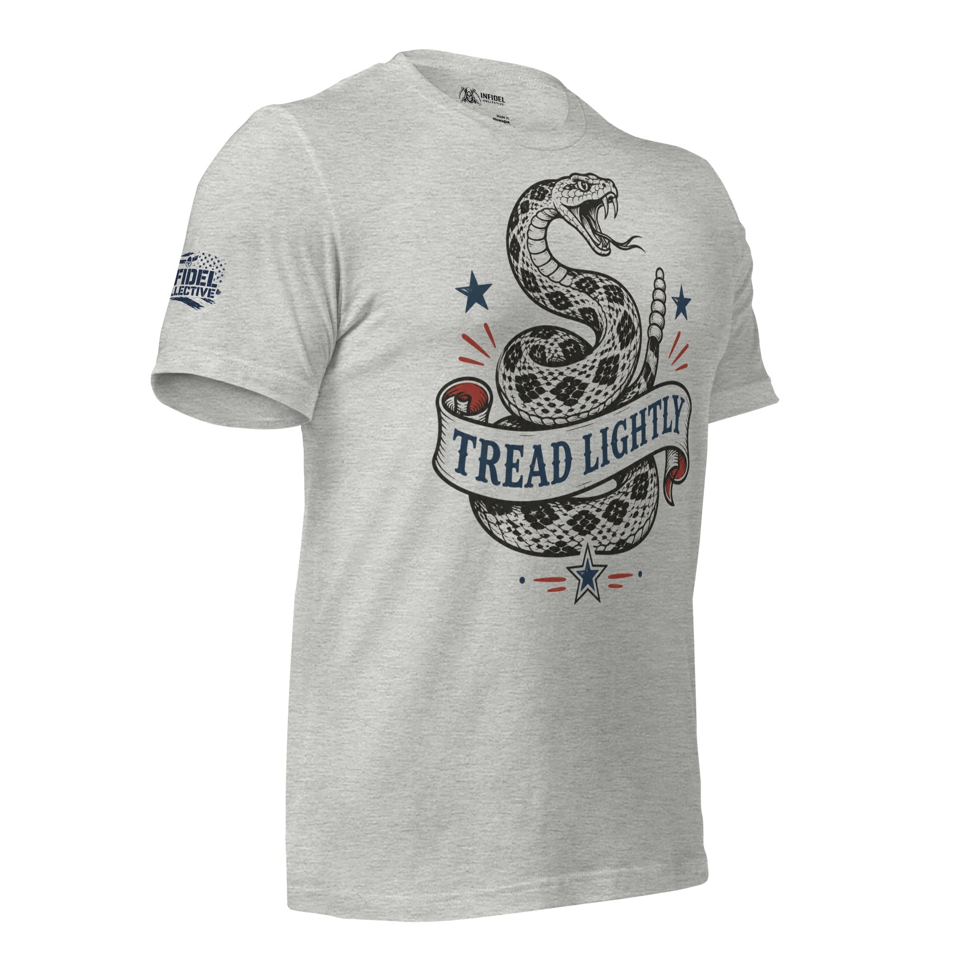 Athletic heather tee with front print of a coiled rattlesnake, patriotic stars, and a banner reading Tread Lightly