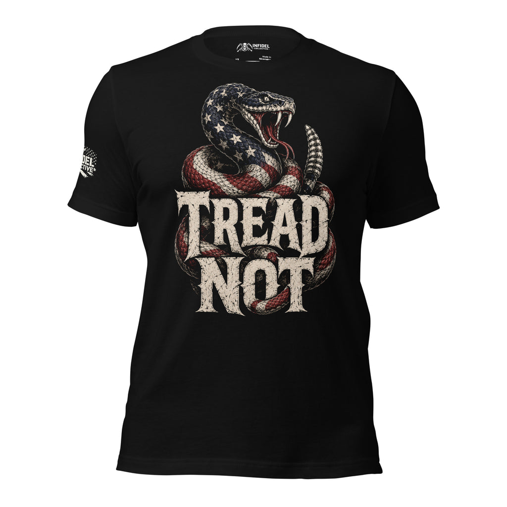 Tread Not rattlesnake graphic black tee from Infidel Collective