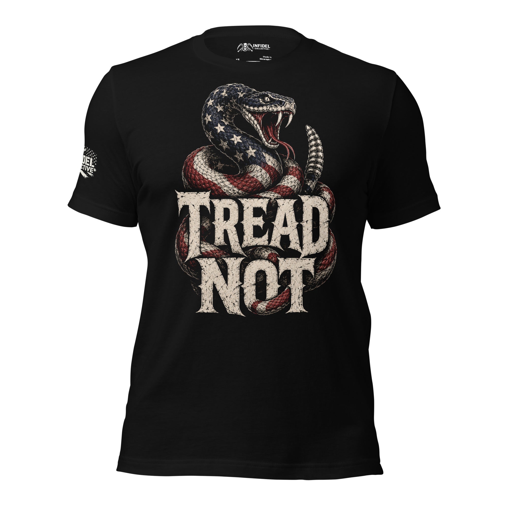Tread Not rattlesnake graphic black tee from Infidel Collective