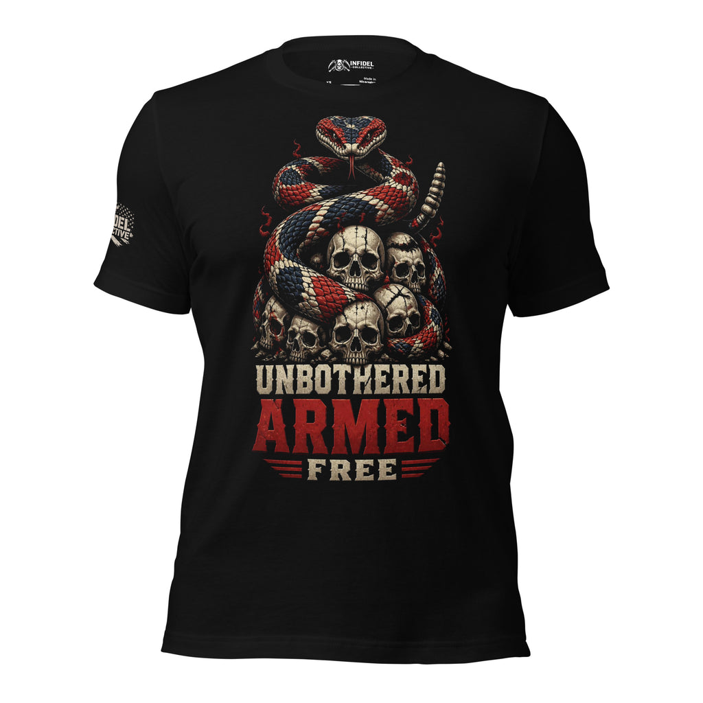 Unbothered Armed Free rattlesnake graphic black tee from Infidel Collective
