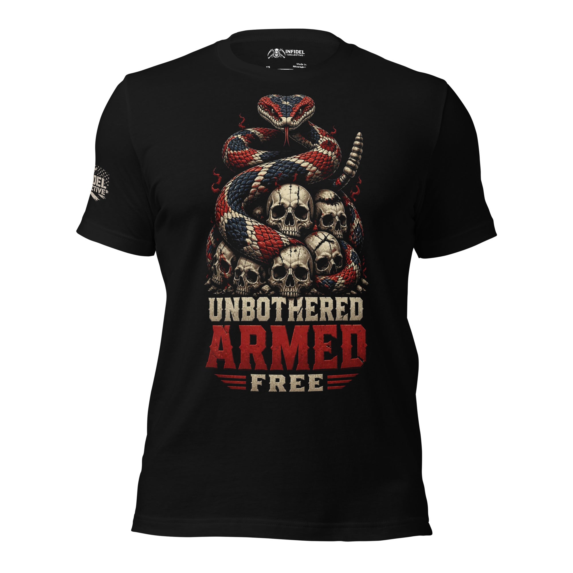 Unbothered Armed Free rattlesnake graphic black tee from Infidel Collective