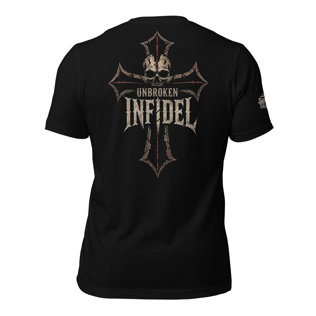 Unbroken Infidel skull iron cross back print black tee from Infidel Collective