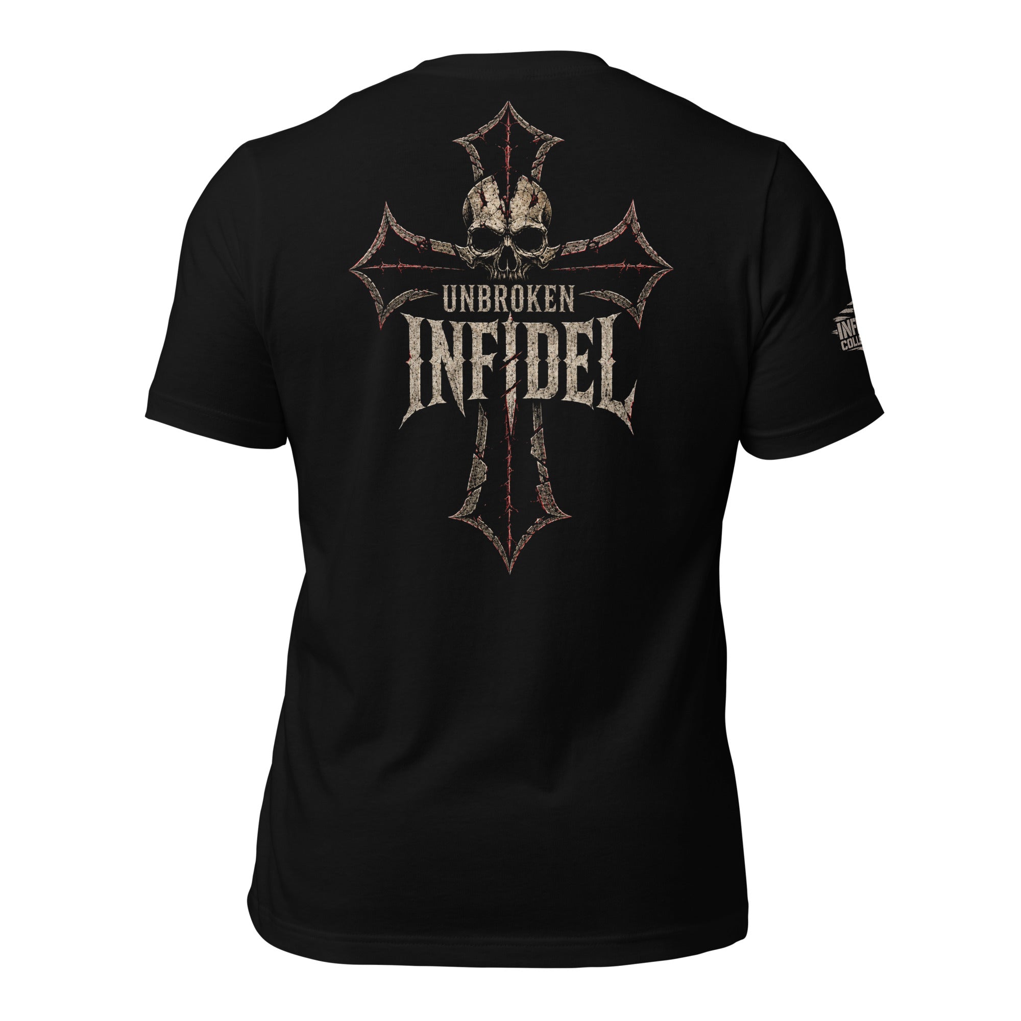 Unbroken Infidel skull iron cross back print black tee from Infidel Collective