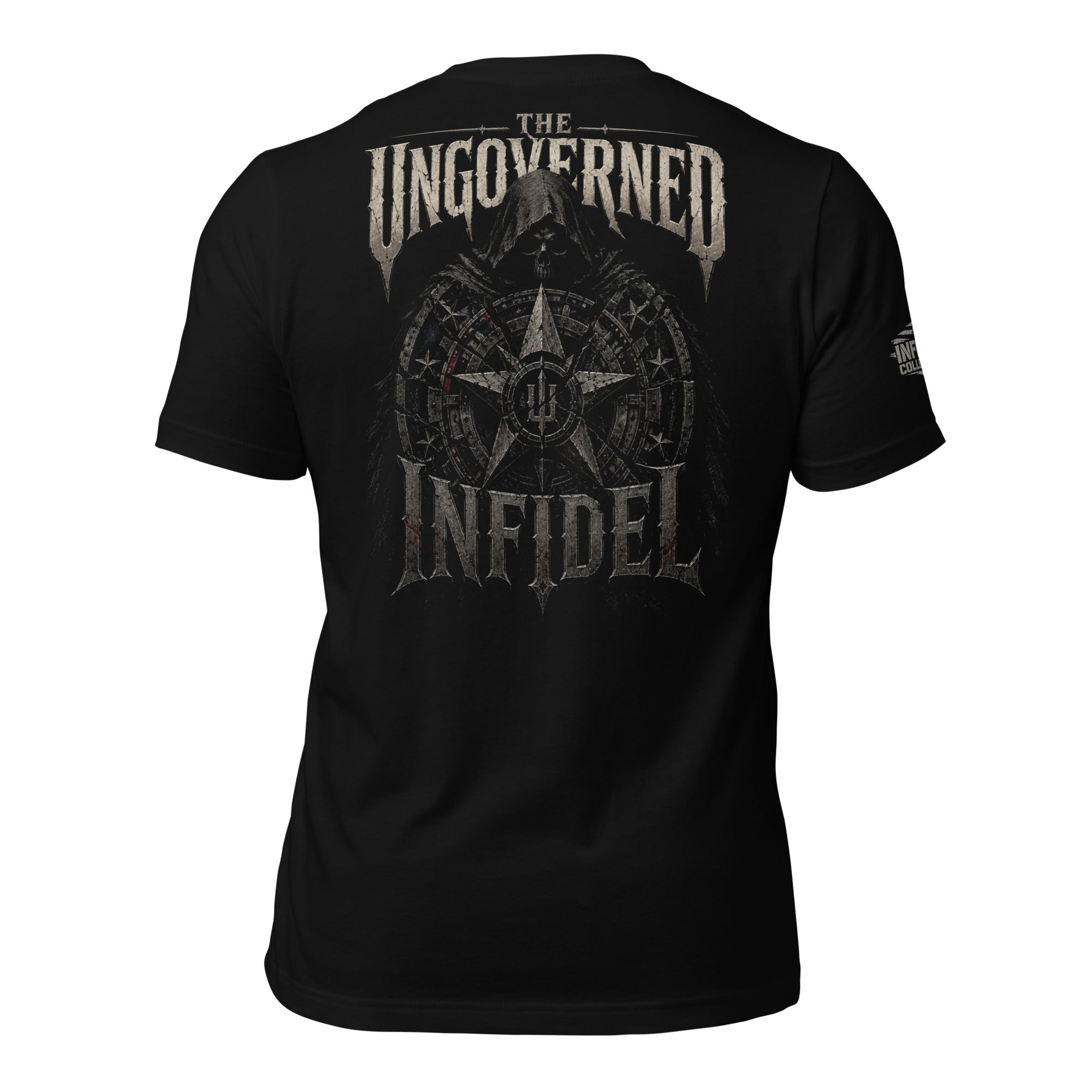 Ungoverned Infidel compass back print black tee from Infidel Collective