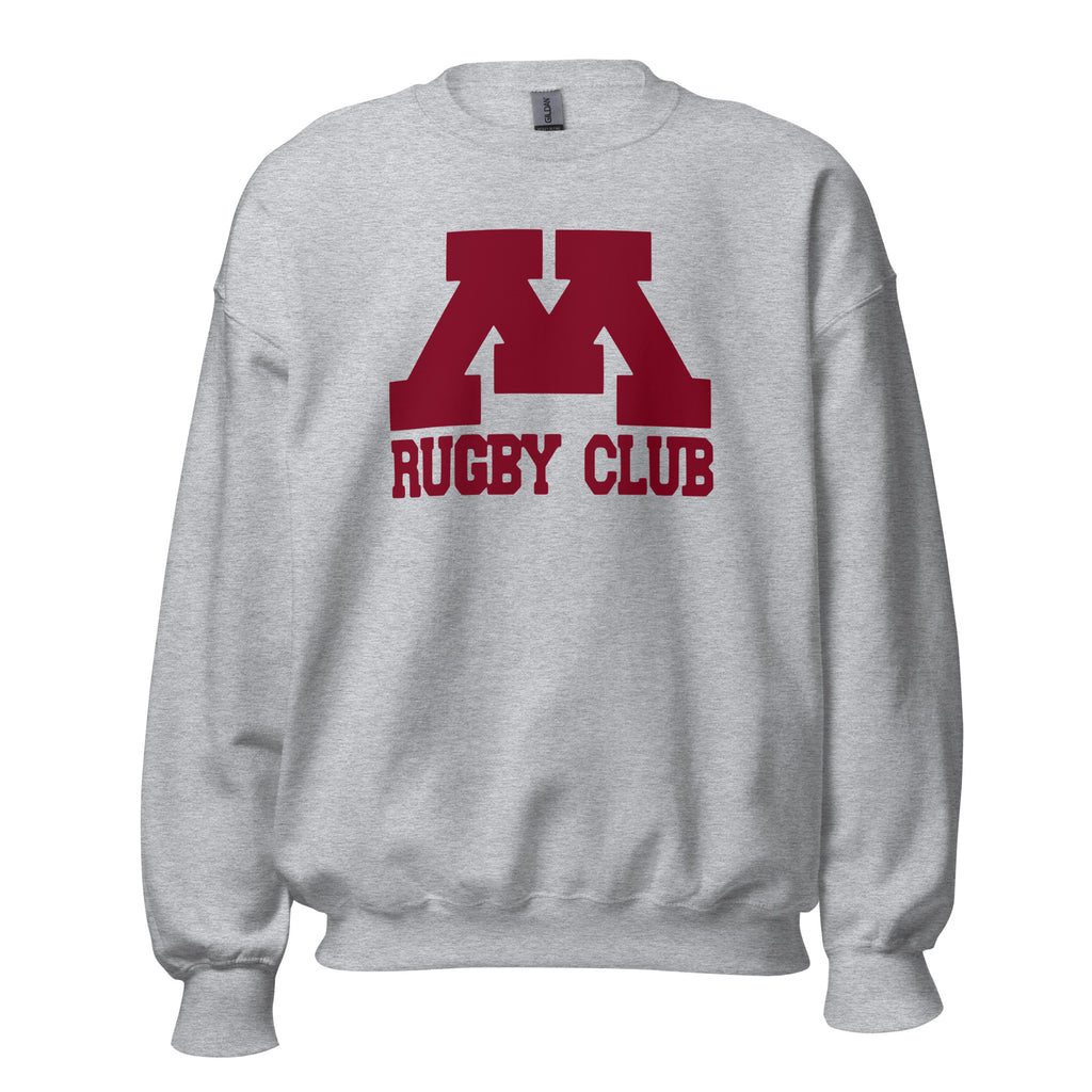 M Rugby Club sport gray crewneck sweatshirt, front view.