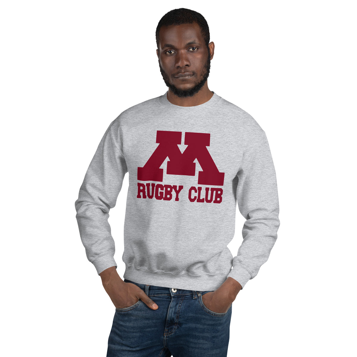 M Rugby Club sport gray crewneck sweatshirt, second alternate front view.