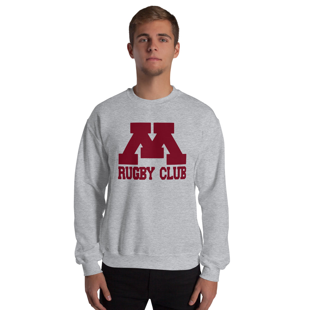 M Rugby Club sport gray crewneck sweatshirt, third alternate front view.