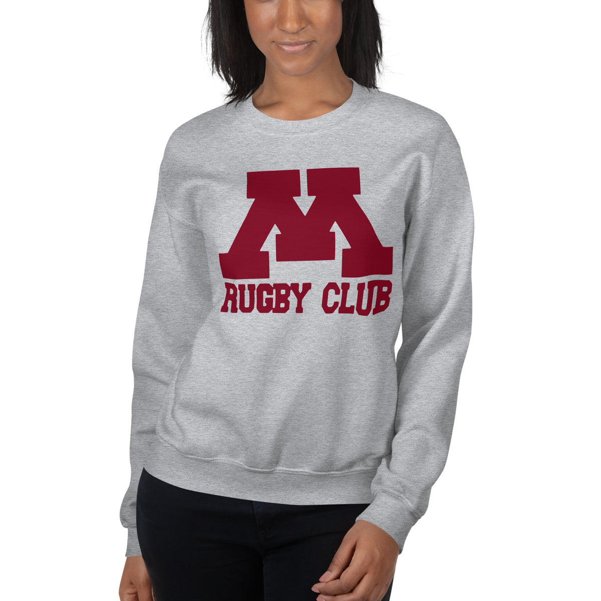 M Rugby Club sport gray crewneck sweatshirt, fourth alternate front view.