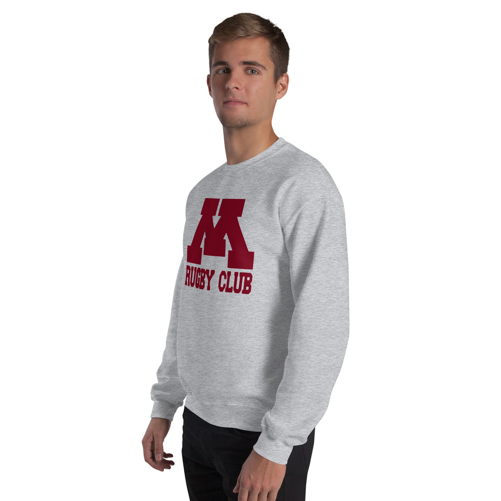 M Rugby Club sport gray crewneck sweatshirt, left-side view.