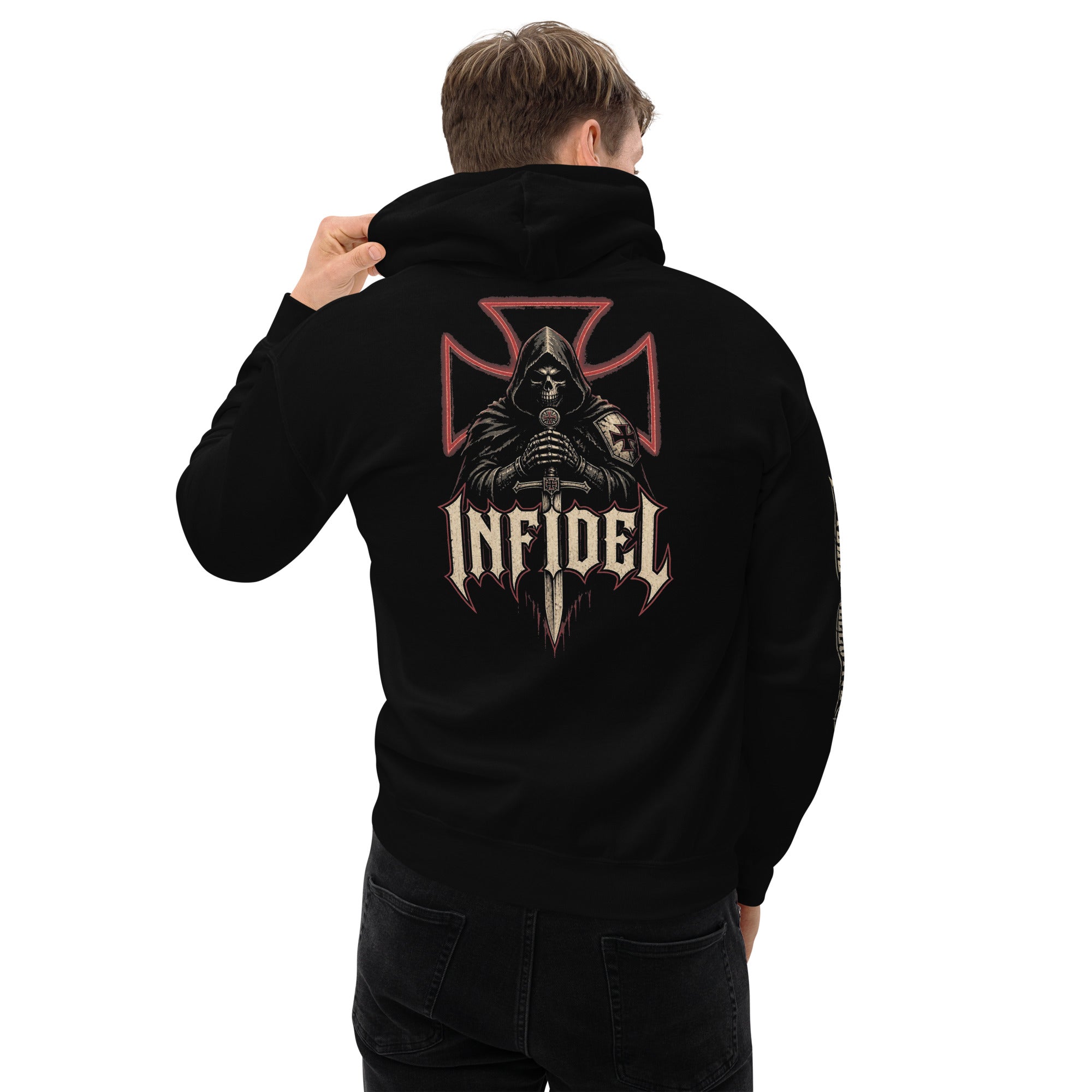 Knight of Creed hooded knight back print black hoodie from Infidel Collective