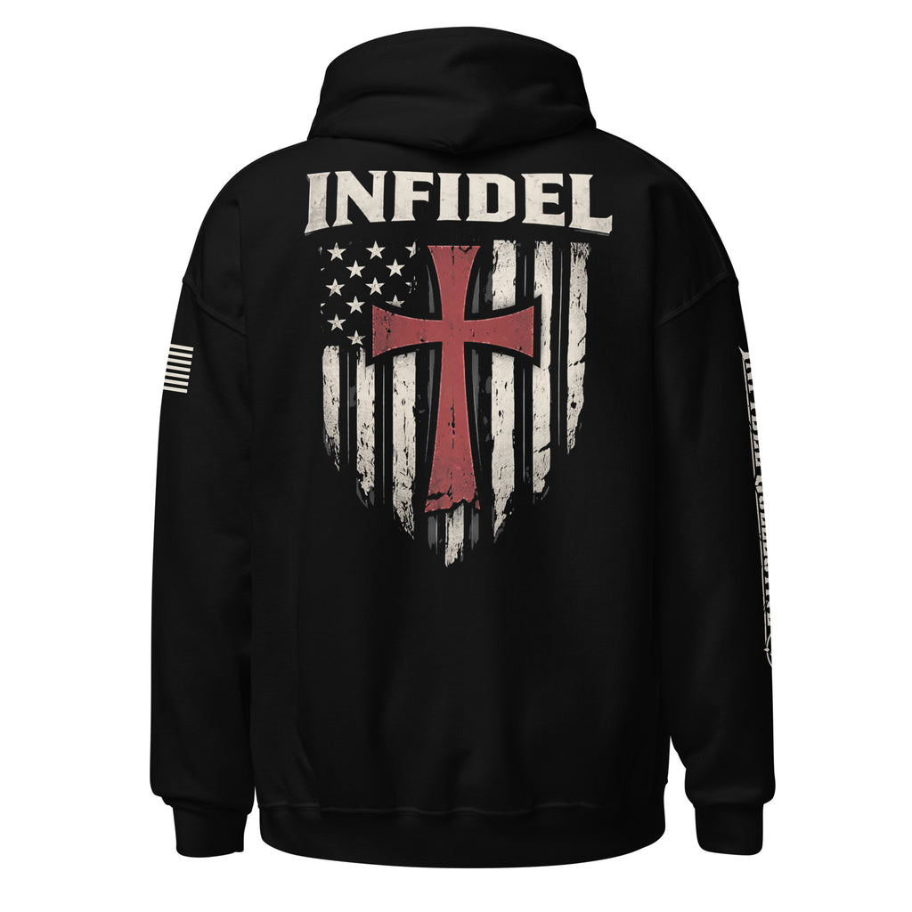 Black pullover hoodie shown from the back, featuring a large graphic print with the word "INFIDEL" in white above a distressed American flag design in white and red with a red cross. The hoodie is photographed on a plain white background.