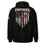 Black pullover hoodie shown from the back, featuring a large graphic print with the word "INFIDEL" in white above a distressed American flag design in white and red with a red cross. The hoodie is photographed on a plain white background.