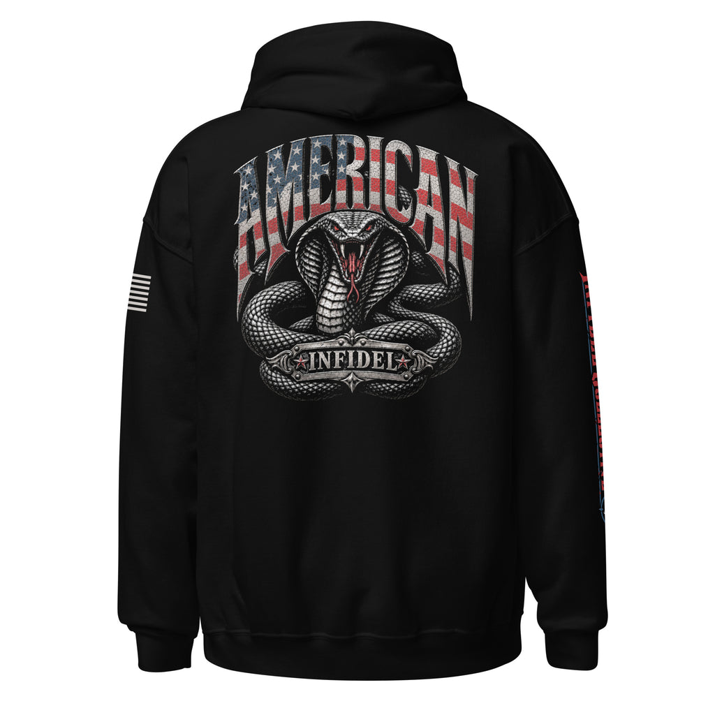 Back view of black Patriotic Cobra Infidel hoodie.