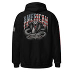 Back view of black Patriotic Cobra Infidel hoodie.